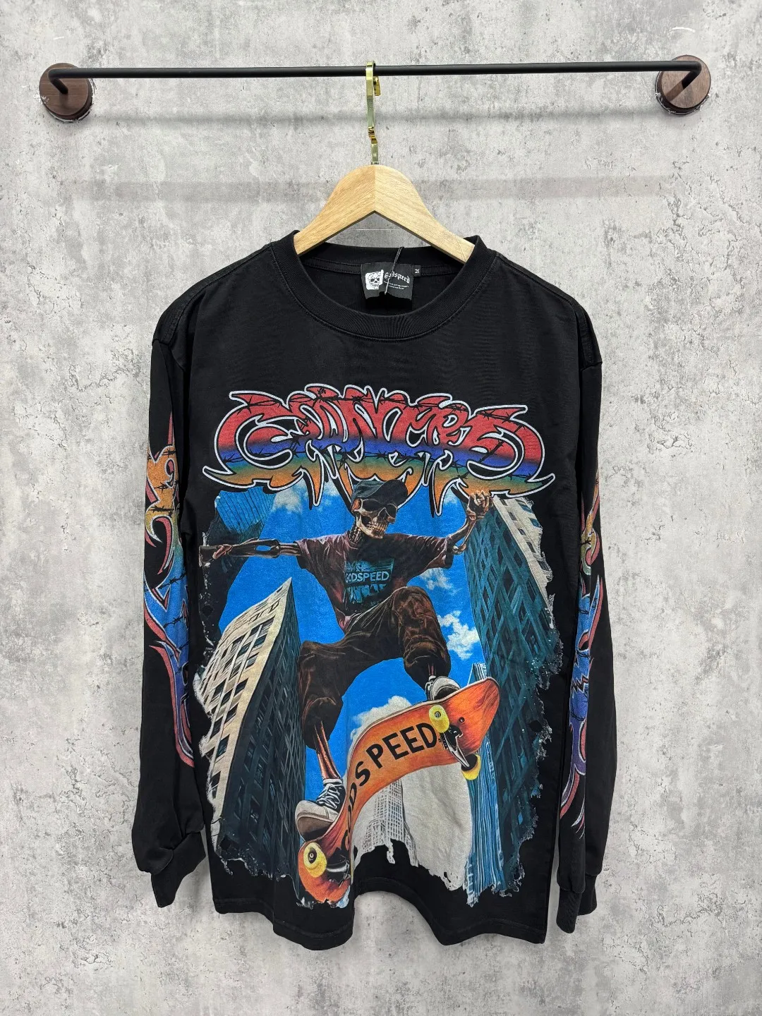 G47# GodSpeed ​​white ink direct spray washed long sleeve S-XL size black (washed) P156 apricot P146