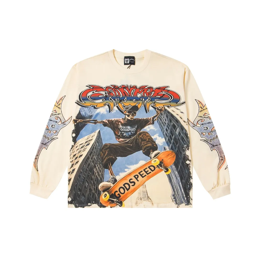 G47# GodSpeed ​​white ink direct spray washed long sleeve S-XL size black (washed) P156 apricot P146