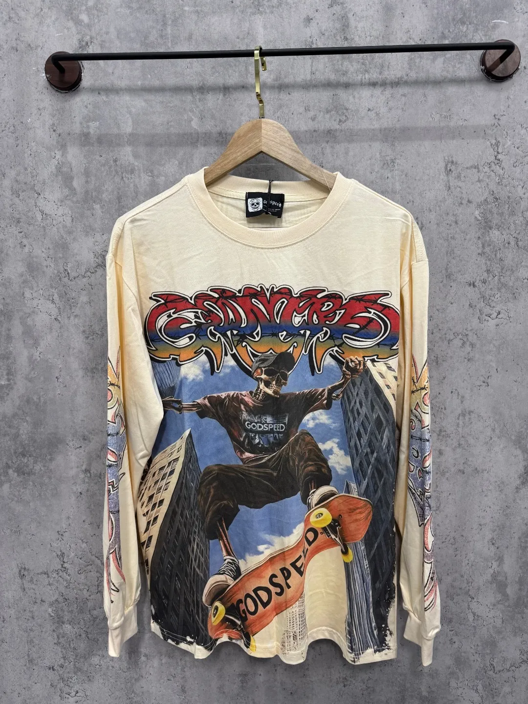 G47# GodSpeed ​​white ink direct spray washed long sleeve S-XL size black (washed) P156 apricot P146