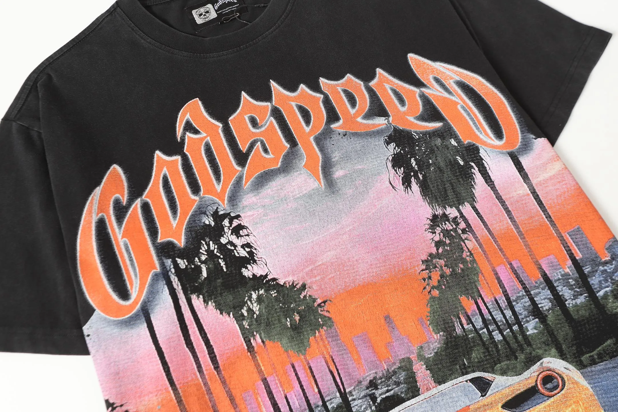 6089#washed black｜P116 Godspeed cross-border American rock and roll street washed retro style short-sleeved T (craft printing) fabric (fabric): 32 count combed double yarn 250g weight size (size): S-M-L-XL color (colour): washed black 👉 👉