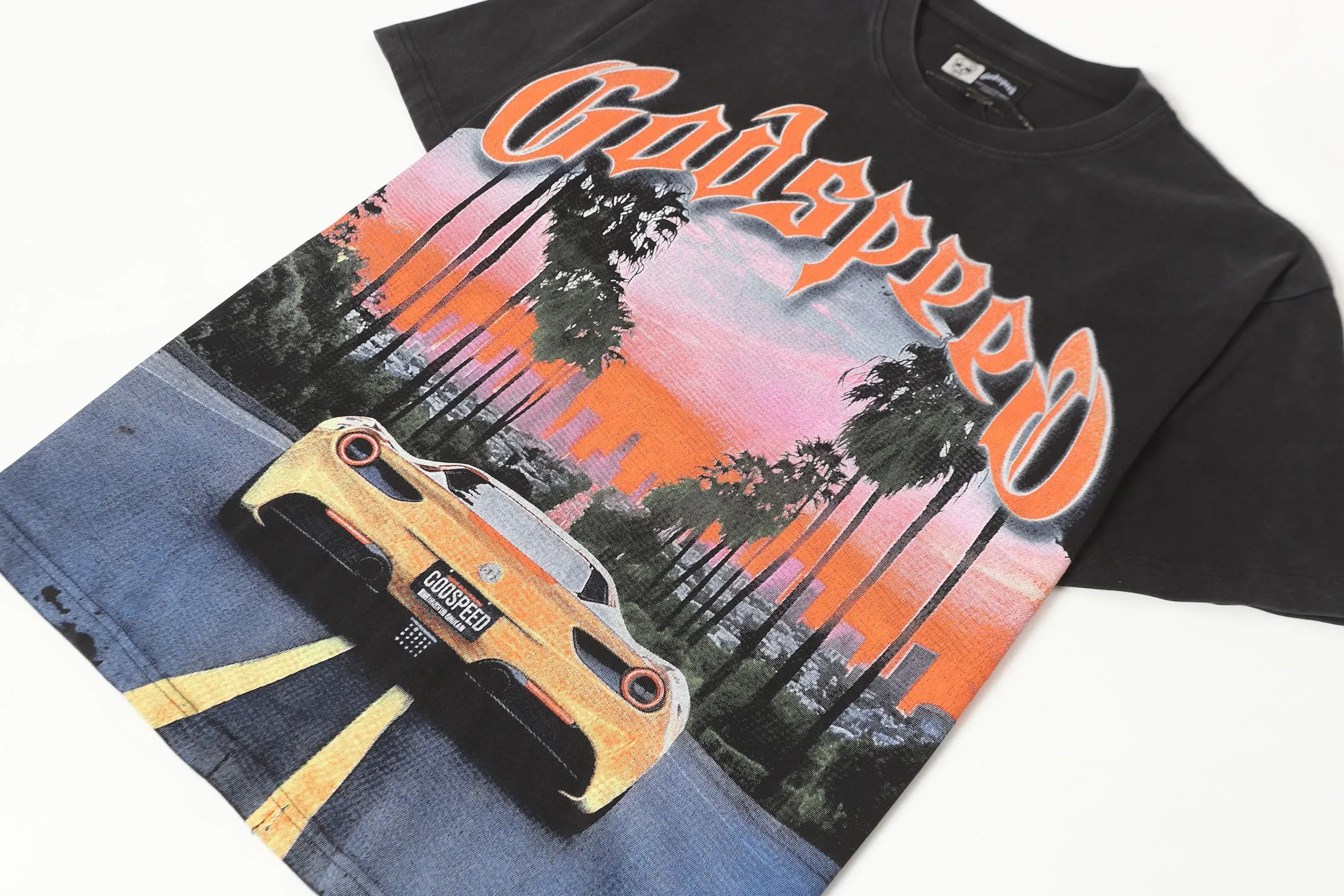 6089#washed black｜P116 Godspeed cross-border American rock and roll street washed retro style short-sleeved T (craft printing) fabric (fabric): 32 count combed double yarn 250g weight size (size): S-M-L-XL color (colour): washed black 👉 👉