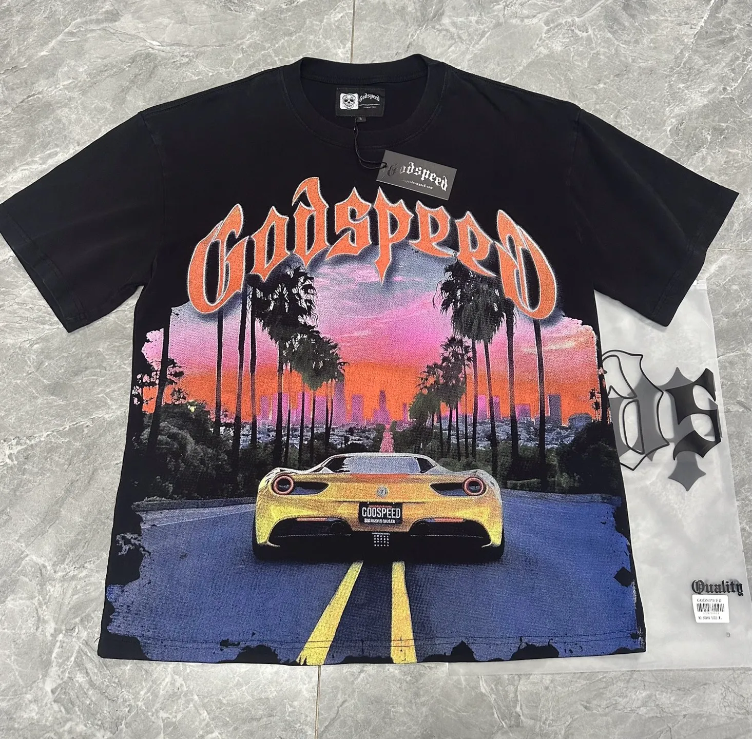 6089#washed black｜P116 Godspeed cross-border American rock and roll street washed retro style short-sleeved T (craft printing) fabric (fabric): 32 count combed double yarn 250g weight size (size): S-M-L-XL color (colour): washed black 👉 👉