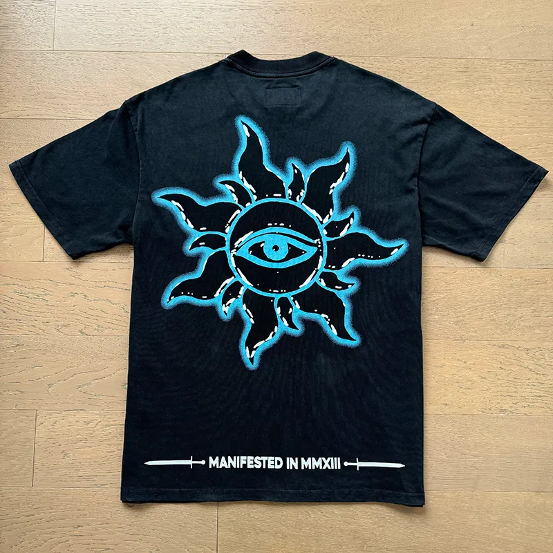 1032# P126 Washed Black Real Shot Godspeed American Fashion Rock Street Retro Washed Distressed Printed Pure Cotton Short Sleeves Fabric: 250g 32 Count Fine Cotton Double Yarn Pure Cotton Color: Washed Black Size: S M L XL