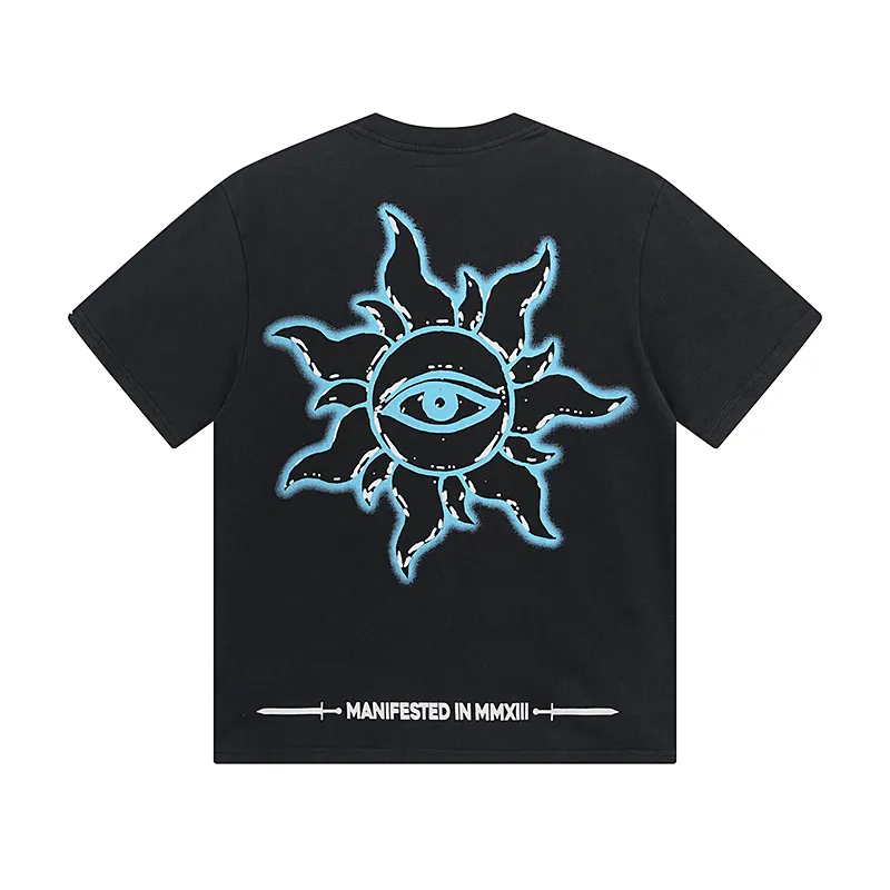 1032# P126 Washed Black Real Shot Godspeed American Fashion Rock Street Retro Washed Distressed Printed Pure Cotton Short Sleeves Fabric: 250g 32 Count Fine Cotton Double Yarn Pure Cotton Color: Washed Black Size: S M L XL
