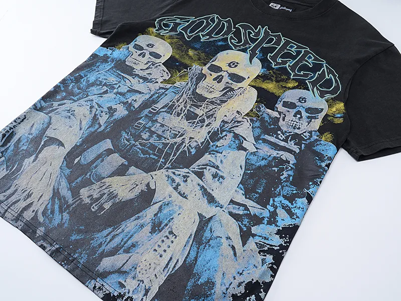 1032# P126 Washed Black Real Shot Godspeed American Fashion Rock Street Retro Washed Distressed Printed Pure Cotton Short Sleeves Fabric: 250g 32 Count Fine Cotton Double Yarn Pure Cotton Color: Washed Black Size: S M L XL