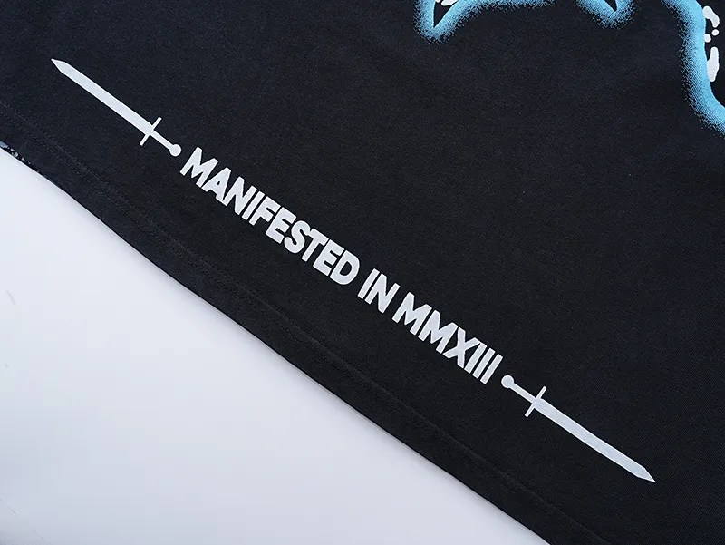 1032# P126 Washed Black Real Shot Godspeed American Fashion Rock Street Retro Washed Distressed Printed Pure Cotton Short Sleeves Fabric: 250g 32 Count Fine Cotton Double Yarn Pure Cotton Color: Washed Black Size: S M L XL