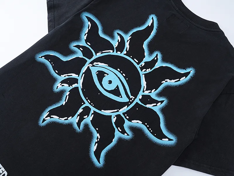 1032# P126 Washed Black Real Shot Godspeed American Fashion Rock Street Retro Washed Distressed Printed Pure Cotton Short Sleeves Fabric: 250g 32 Count Fine Cotton Double Yarn Pure Cotton Color: Washed Black Size: S M L XL