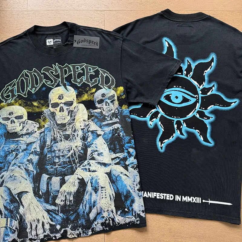 1032# P126 Washed Black Real Shot Godspeed American Fashion Rock Street Retro Washed Distressed Printed Pure Cotton Short Sleeves Fabric: 250g 32 Count Fine Cotton Double Yarn Pure Cotton Color: Washed Black Size: S M L XL