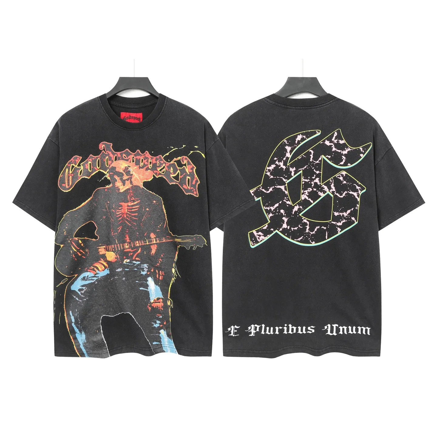 6022# washed black｜P116 Godspeed cross-border American rock and roll street washed retro style short-sleeved T (craft printing) fabric (fabric): 32 count combed double yarn 250g weight size (size): S-M-L-XL color (colour): washed black yu 👉 👉