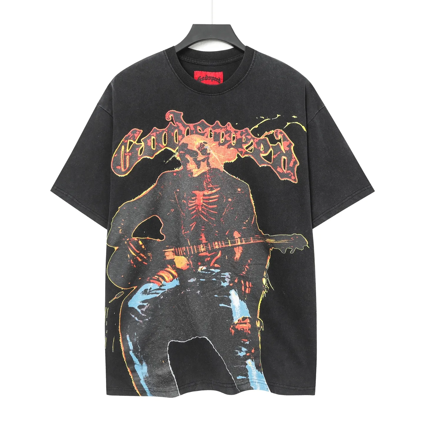 6022# washed black｜P116 Godspeed cross-border American rock and roll street washed retro style short-sleeved T (craft printing) fabric (fabric): 32 count combed double yarn 250g weight size (size): S-M-L-XL color (colour): washed black yu 👉 👉