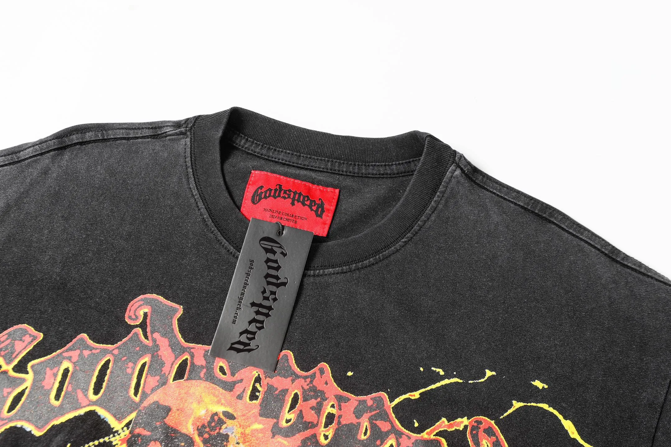 6022# washed black｜P116 Godspeed cross-border American rock and roll street washed retro style short-sleeved T (craft printing) fabric (fabric): 32 count combed double yarn 250g weight size (size): S-M-L-XL color (colour): washed black yu 👉 👉