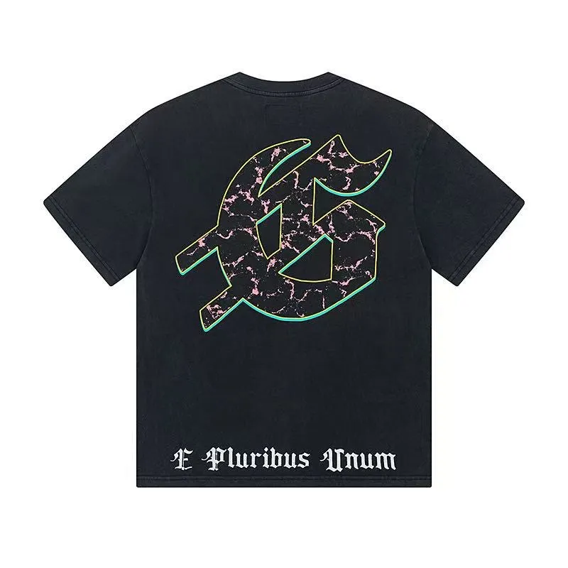 6022# washed black｜P116 Godspeed cross-border American rock and roll street washed retro style short-sleeved T (craft printing) fabric (fabric): 32 count combed double yarn 250g weight size (size): S-M-L-XL color (colour): washed black yu 👉 👉