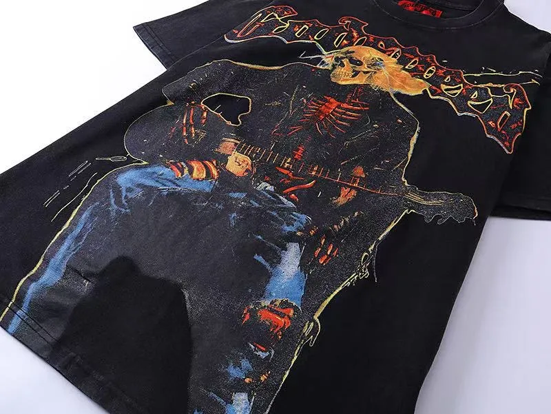 6022# washed black｜P116 Godspeed cross-border American rock and roll street washed retro style short-sleeved T (craft printing) fabric (fabric): 32 count combed double yarn 250g weight size (size): S-M-L-XL color (colour): washed black yu 👉 👉