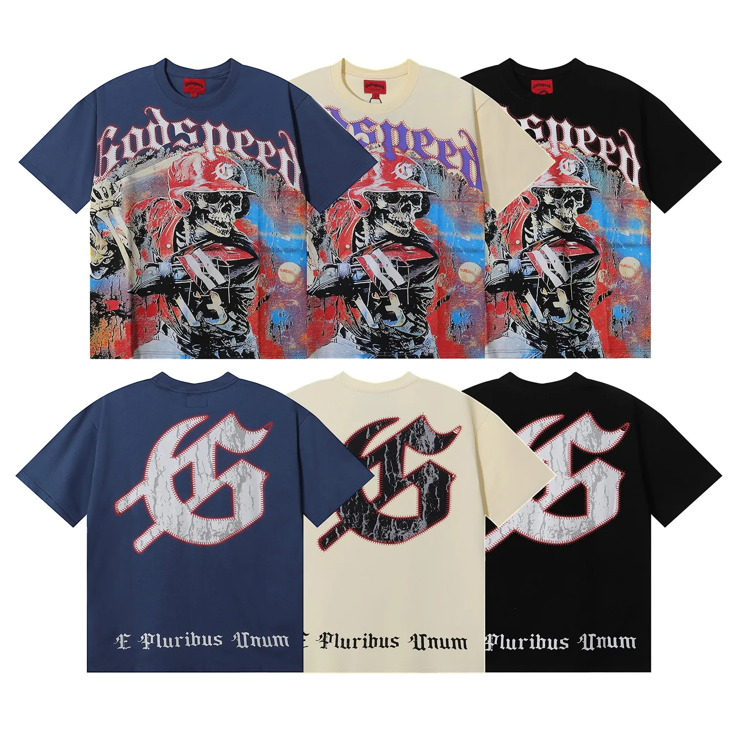 No. 7025, American fashion Godspeed skull baseball player printed high-quality double yarn pure cotton casual short-sleeved T-shirt batch 110 Color: black, apricot, blue; Size: S M L XL