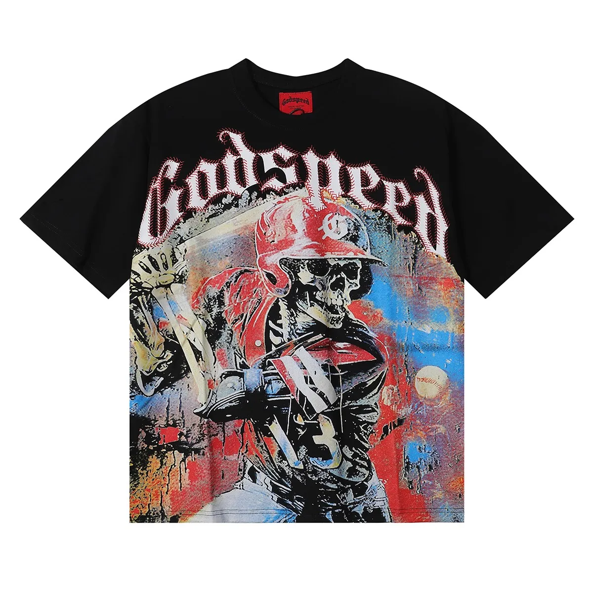 No. 7025, American fashion Godspeed skull baseball player printed high-quality double yarn pure cotton casual short-sleeved T-shirt batch 110 Color: black, apricot, blue; Size: S M L XL