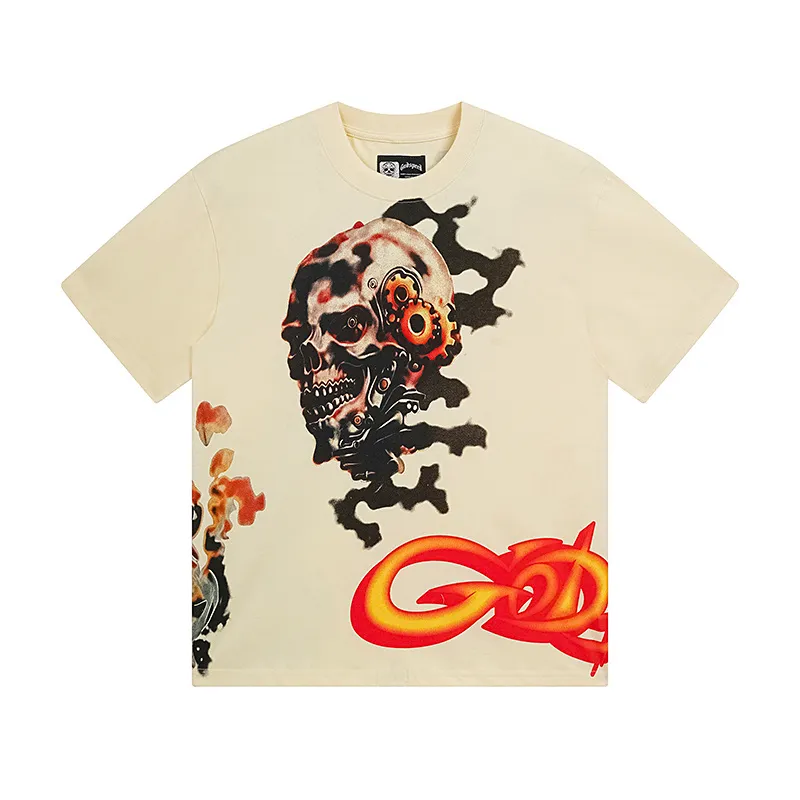 3132# P106 Real shot Godspeed American fashion rock street retro loose printed cotton short sleeves Fabric: 240g 32 count fine cotton double yarn pure cotton Color: apricot Size: S M L XL