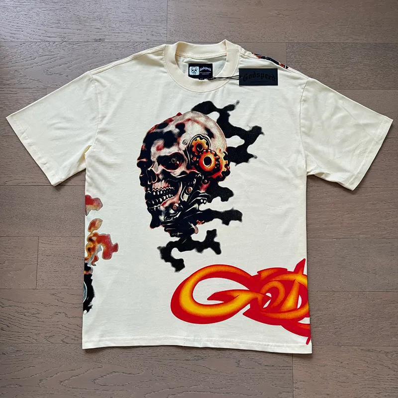 3132# P106 Real shot Godspeed American fashion rock street retro loose printed cotton short sleeves Fabric: 240g 32 count fine cotton double yarn pure cotton Color: apricot Size: S M L XL