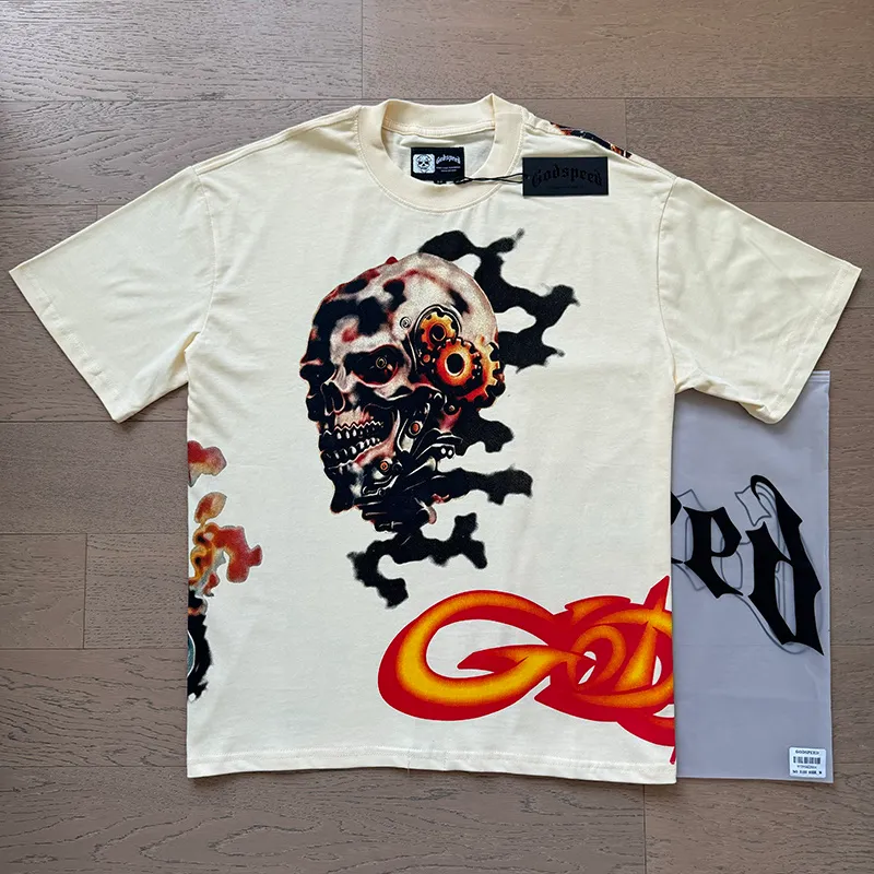 3132# P106 Real shot Godspeed American fashion rock street retro loose printed cotton short sleeves Fabric: 240g 32 count fine cotton double yarn pure cotton Color: apricot Size: S M L XL