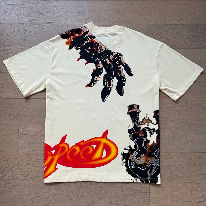 3132# P106 Real shot Godspeed American fashion rock street retro loose printed cotton short sleeves Fabric: 240g 32 count fine cotton double yarn pure cotton Color: apricot Size: S M L XL