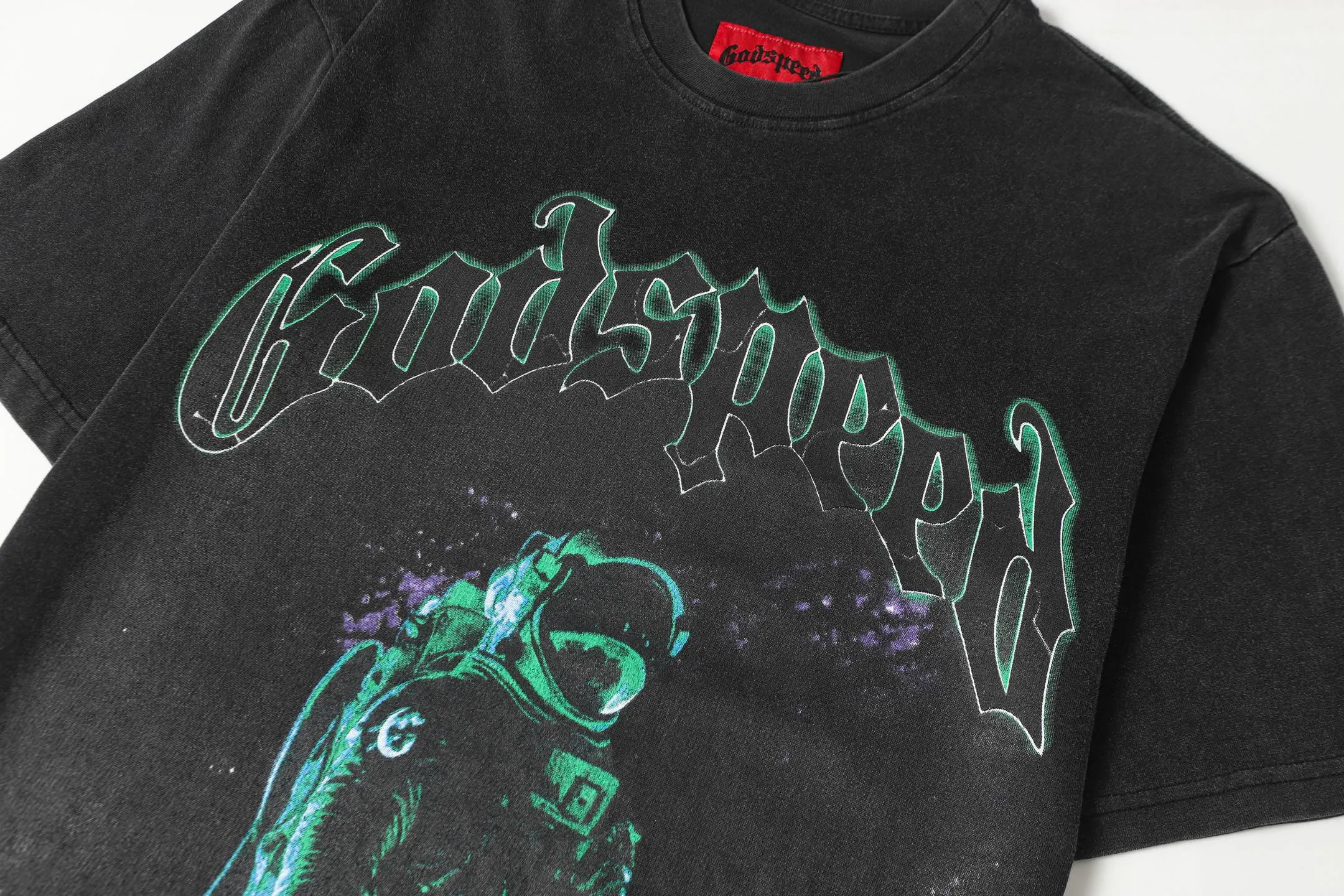 6056 washed black｜P116 Godspeed cross-border American rock and roll street washed retro style short-sleeved T (craft printing) fabric (fabric): 32 count combed double yarn 250 grams weight size (size): S-M-L-XL color (colour): washed black