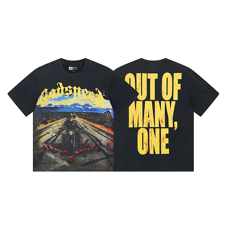 1011# P126 Washed Black Real Shot Godspeed American Fashion Rock Street Retro Washed Distressed Printed Cotton Short Sleeves Fabric: 250g 32 Count Fine Cotton Double Yarn Pure Cotton Color: Washed Black Size: S M L XL