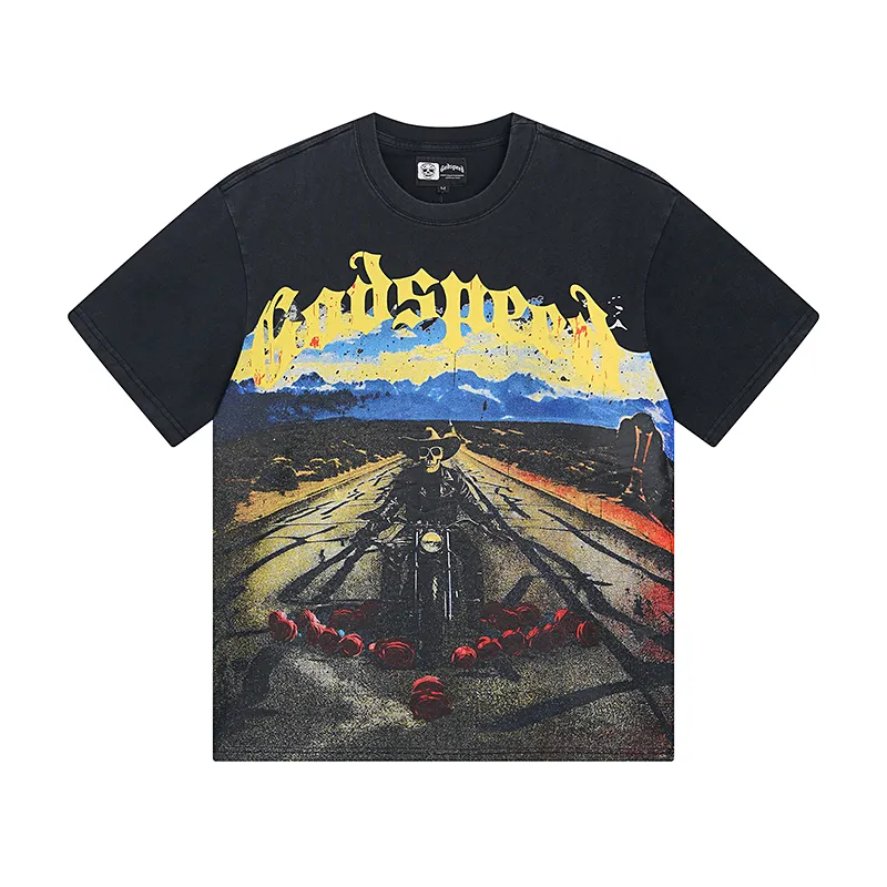 1011# P126 Washed Black Real Shot Godspeed American Fashion Rock Street Retro Washed Distressed Printed Cotton Short Sleeves Fabric: 250g 32 Count Fine Cotton Double Yarn Pure Cotton Color: Washed Black Size: S M L XL