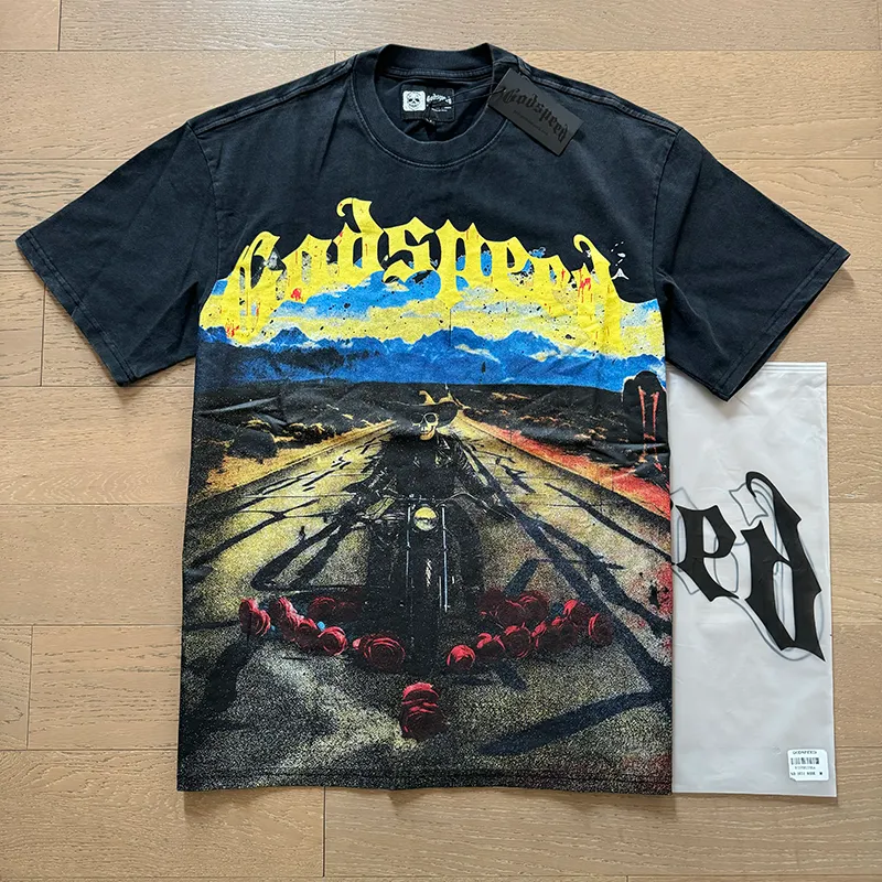 1011# P126 Washed Black Real Shot Godspeed American Fashion Rock Street Retro Washed Distressed Printed Cotton Short Sleeves Fabric: 250g 32 Count Fine Cotton Double Yarn Pure Cotton Color: Washed Black Size: S M L XL