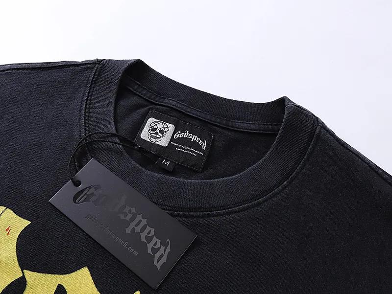 1011# P126 Washed Black Real Shot Godspeed American Fashion Rock Street Retro Washed Distressed Printed Cotton Short Sleeves Fabric: 250g 32 Count Fine Cotton Double Yarn Pure Cotton Color: Washed Black Size: S M L XL