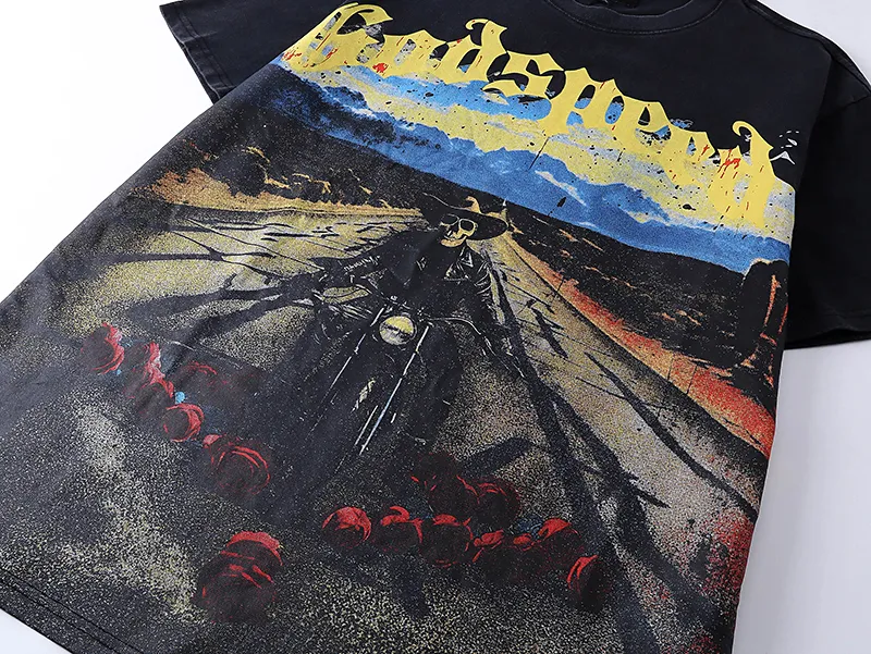 1011# P126 Washed Black Real Shot Godspeed American Fashion Rock Street Retro Washed Distressed Printed Cotton Short Sleeves Fabric: 250g 32 Count Fine Cotton Double Yarn Pure Cotton Color: Washed Black Size: S M L XL