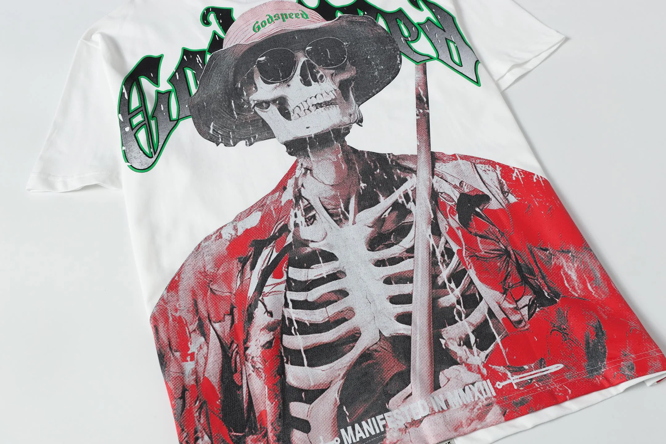 5077# White | P104 Godspeed cross-border American rock and roll street washed retro style short-sleeved T (craft printing) fabric (fabric): 32-count combed double yarn 240 grams weight code number (size): S-M-L-XL color (colour): white