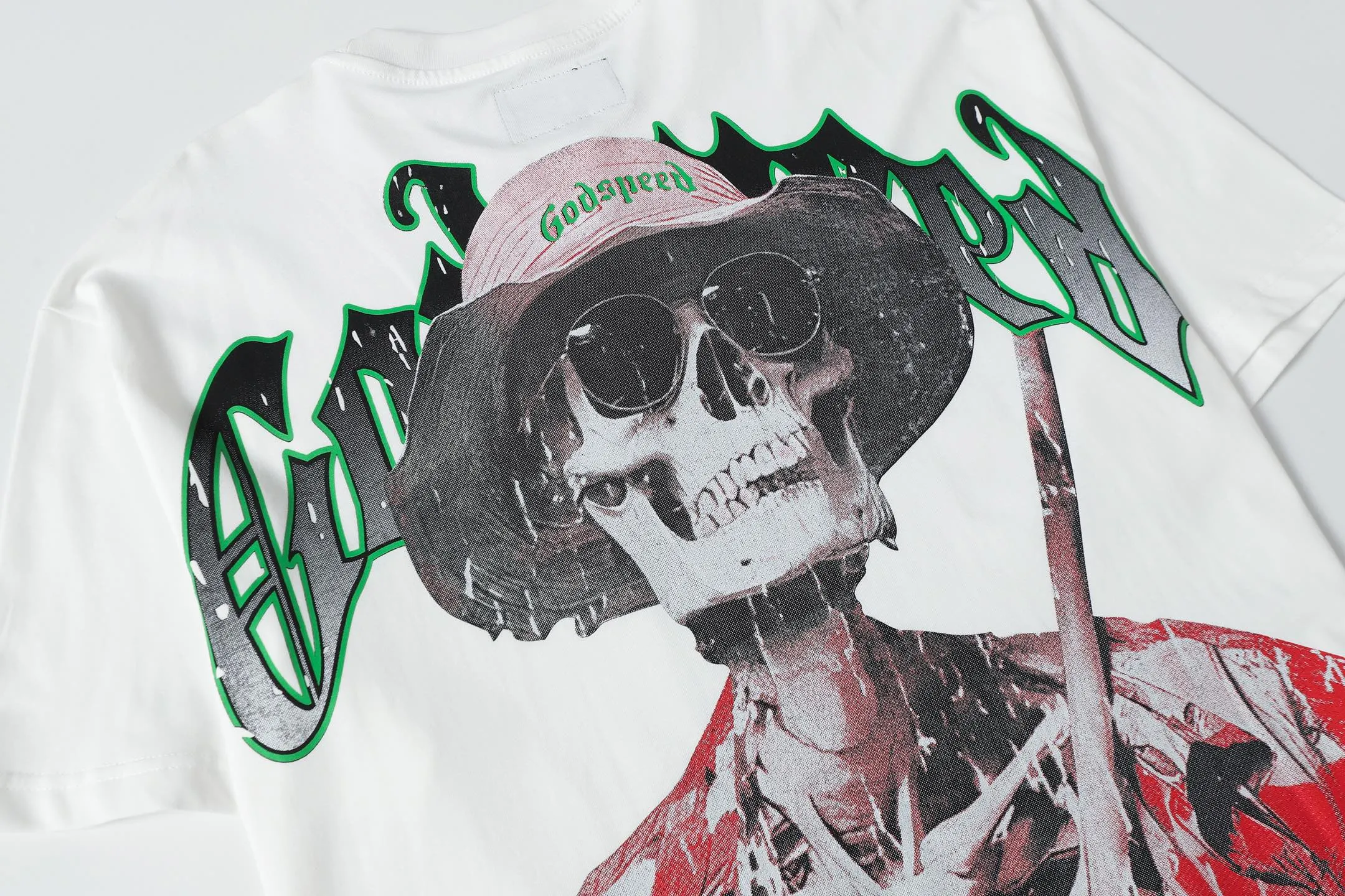 5077# White | P104 Godspeed cross-border American rock and roll street washed retro style short-sleeved T (craft printing) fabric (fabric): 32-count combed double yarn 240 grams weight code number (size): S-M-L-XL color (colour): white