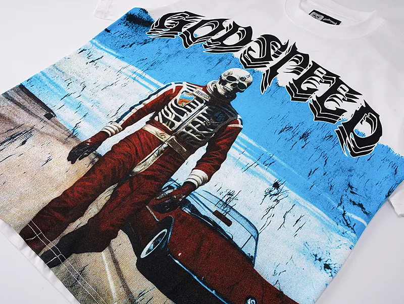 3087# P110 Real shot Godspeed American fashion rock street retro loose printed cotton short sleeves Fabric: 240g 32 count fine cotton double yarn pure cotton Color: off-white Size: S M L XL