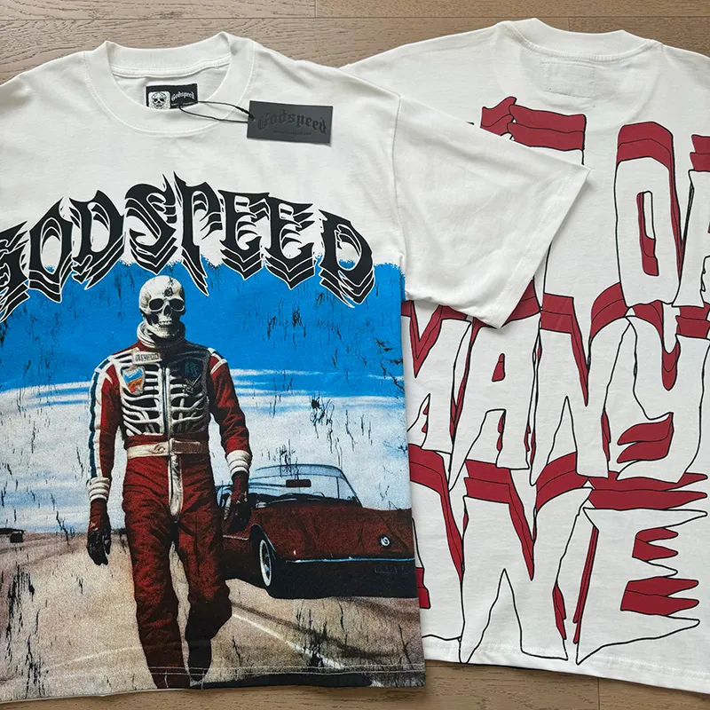 3087# P110 Real shot Godspeed American fashion rock street retro loose printed cotton short sleeves Fabric: 240g 32 count fine cotton double yarn pure cotton Color: off-white Size: S M L XL