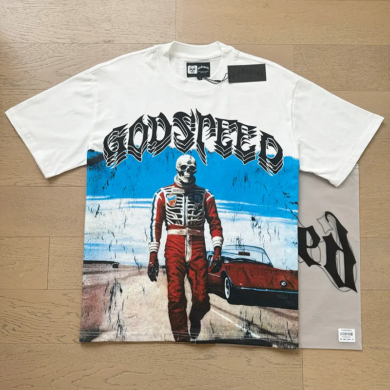 3087# P110 Real shot Godspeed American fashion rock street retro loose printed cotton short sleeves Fabric: 240g 32 count fine cotton double yarn pure cotton Color: off-white Size: S M L XL