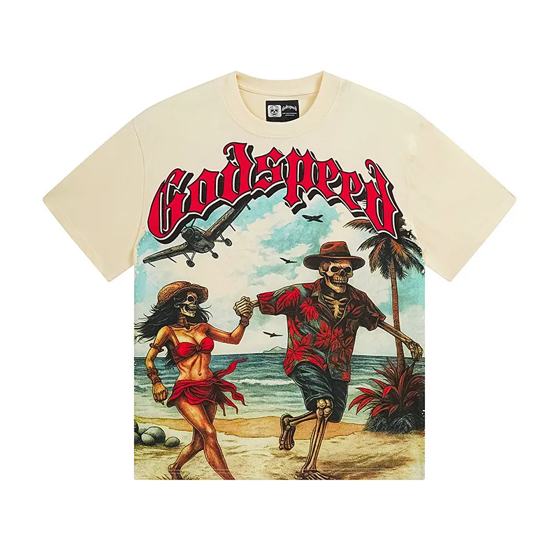 3152# P106 Real shot Godspeed American fashion rock street retro loose printed cotton short sleeves Fabric: 240g 32 count fine cotton double yarn pure cotton Color: apricot Size: S M L XL