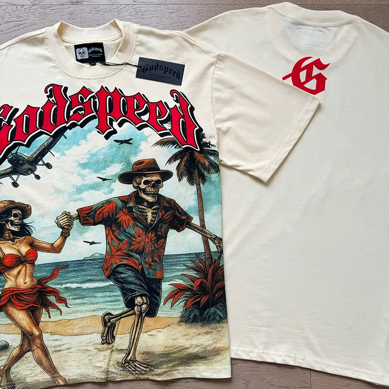 3152# P106 Real shot Godspeed American fashion rock street retro loose printed cotton short sleeves Fabric: 240g 32 count fine cotton double yarn pure cotton Color: apricot Size: S M L XL