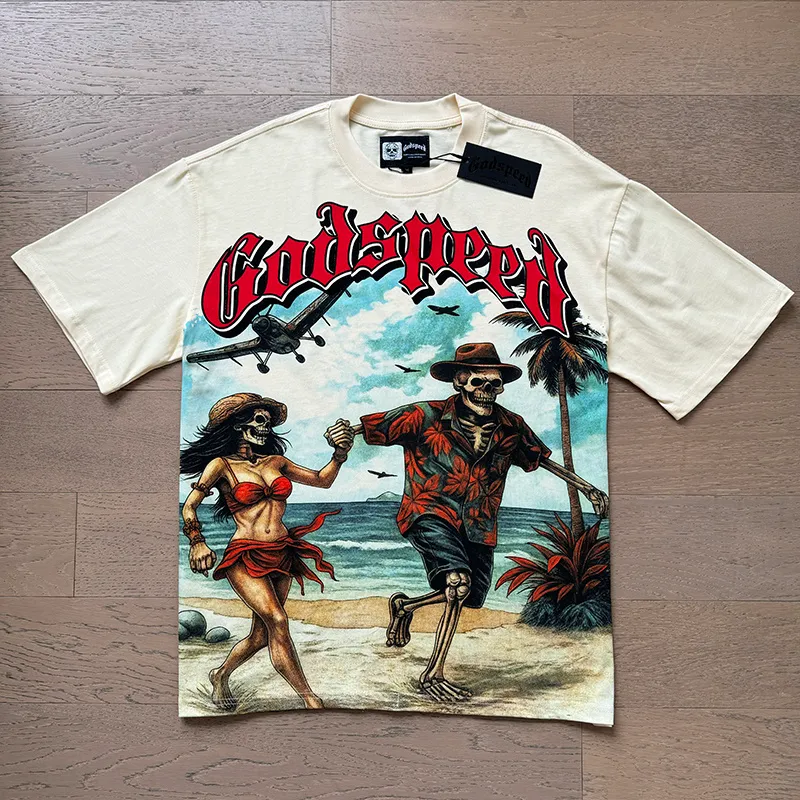 3152# P106 Real shot Godspeed American fashion rock street retro loose printed cotton short sleeves Fabric: 240g 32 count fine cotton double yarn pure cotton Color: apricot Size: S M L XL