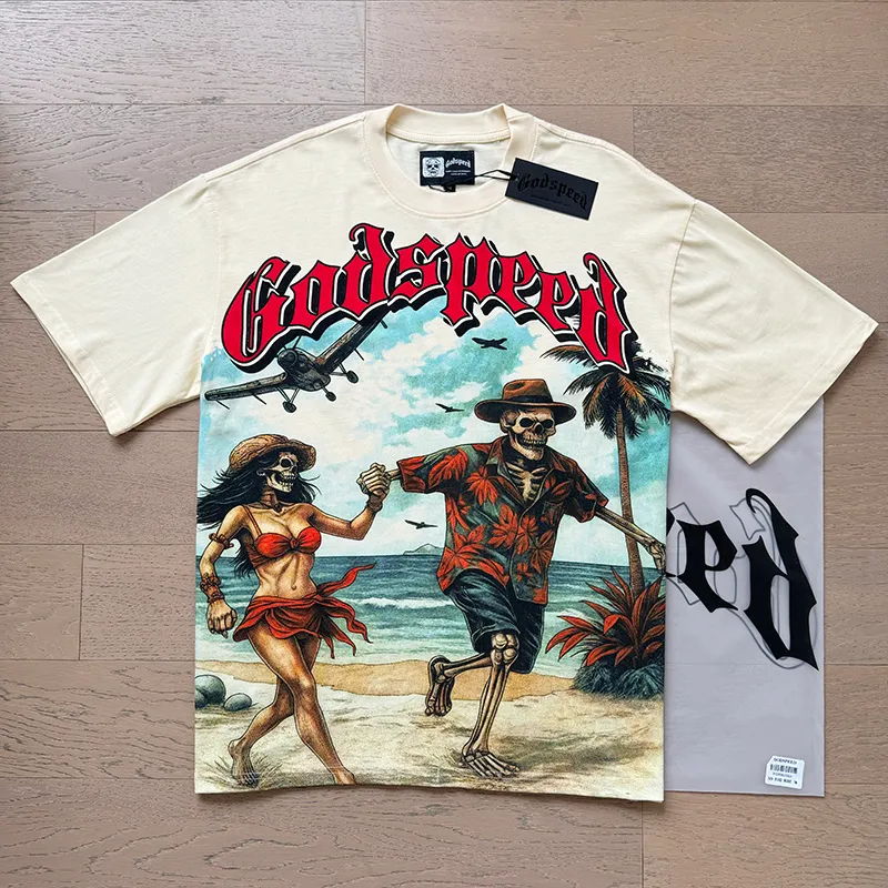 3152# P106 Real shot Godspeed American fashion rock street retro loose printed cotton short sleeves Fabric: 240g 32 count fine cotton double yarn pure cotton Color: apricot Size: S M L XL