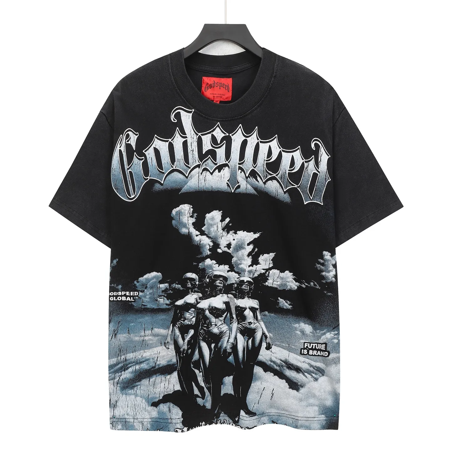 6302# Washed black I P116 Real shot (American fashion niche) Godspeed cross-border American rock street washed retro style short-sleeved T (craft printing) Fabric (fabric): 32 counts combed double yarn 250 grams weight Size (size): S-M-L-XL Color (colour): Washed black
