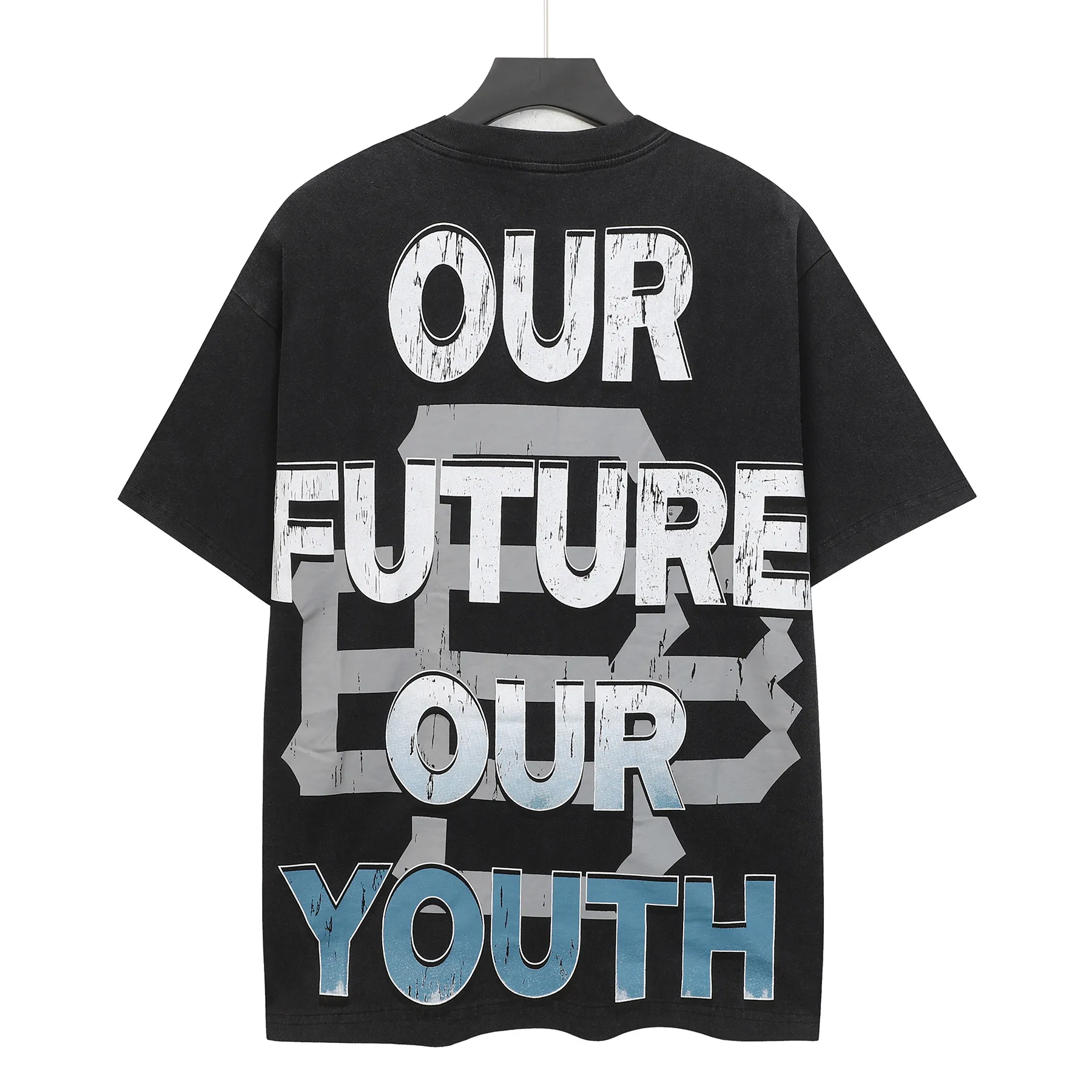 6302# Washed black I P116 Real shot (American fashion niche) Godspeed cross-border American rock street washed retro style short-sleeved T (craft printing) Fabric (fabric): 32 counts combed double yarn 250 grams weight Size (size): S-M-L-XL Color (colour): Washed black