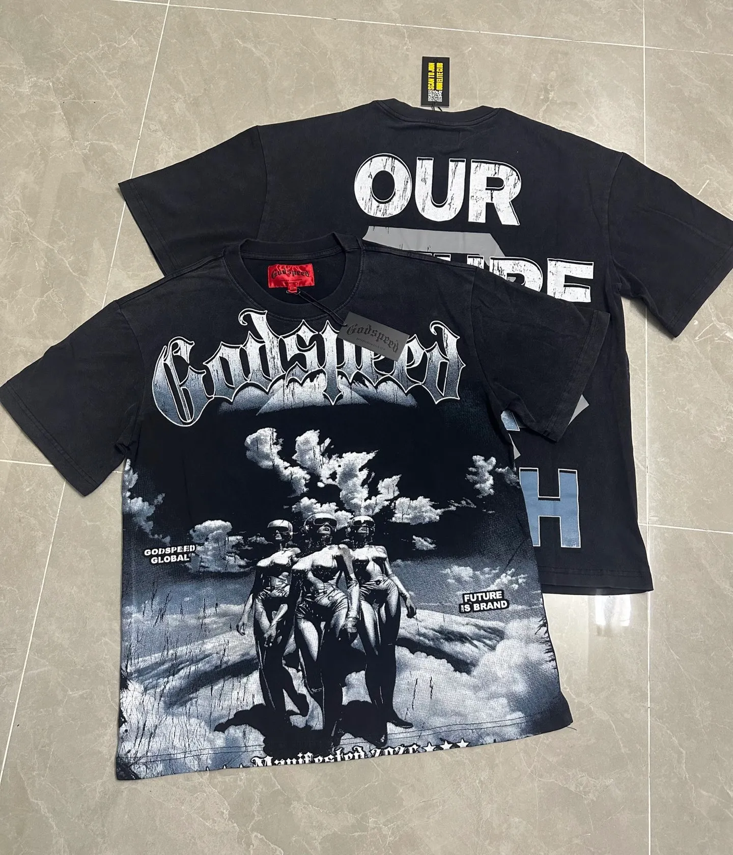 6302# Washed black I P116 Real shot (American fashion niche) Godspeed cross-border American rock street washed retro style short-sleeved T (craft printing) Fabric (fabric): 32 counts combed double yarn 250 grams weight Size (size): S-M-L-XL Color (colour): Washed black