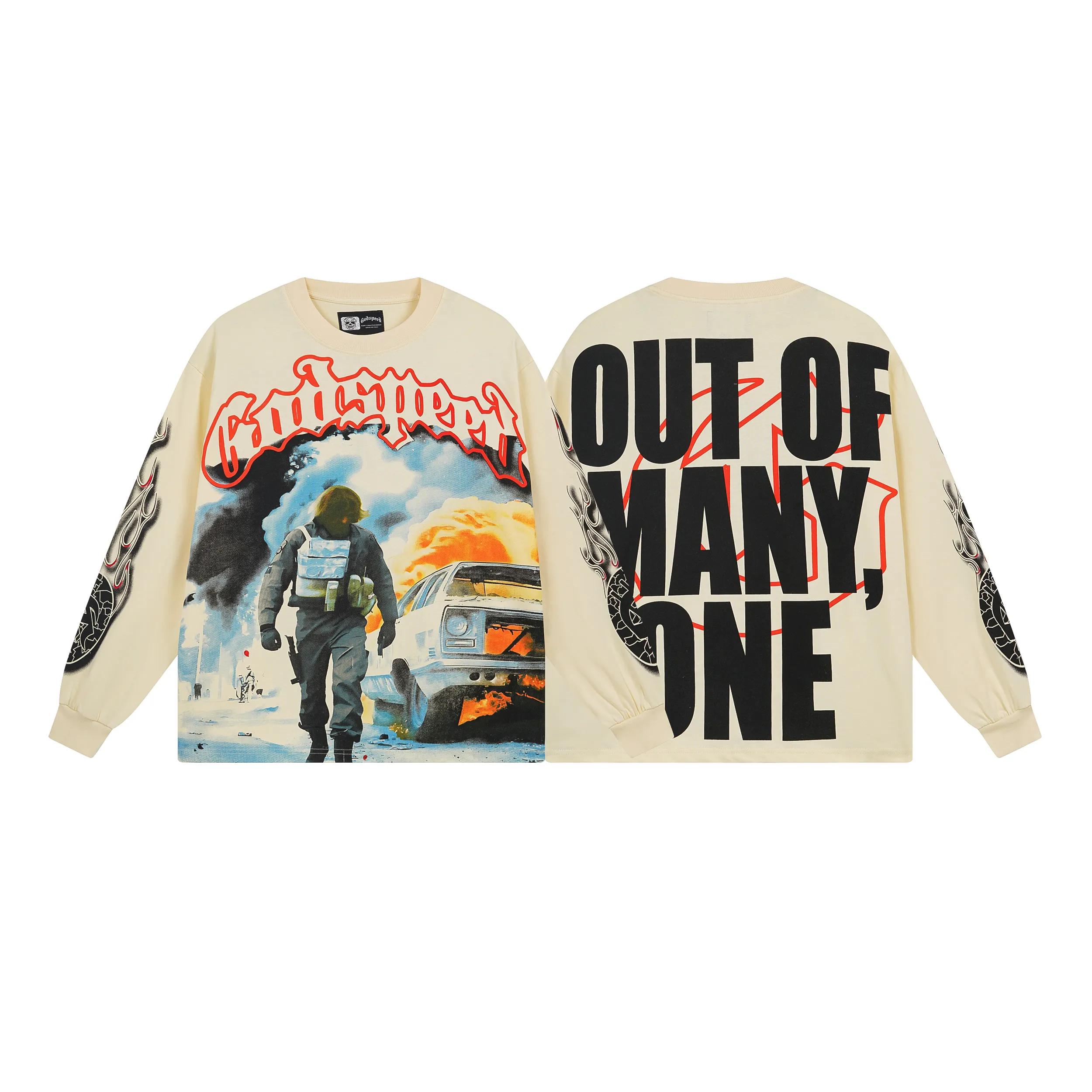 3098# P140 Real shot of Godspeed American fashion rock street pure cotton loose bottoming long-sleeved T-shirt long T. Fabric: 270g 32 count fine cotton double yarn pure cotton Color: apricot Size: S M L XL