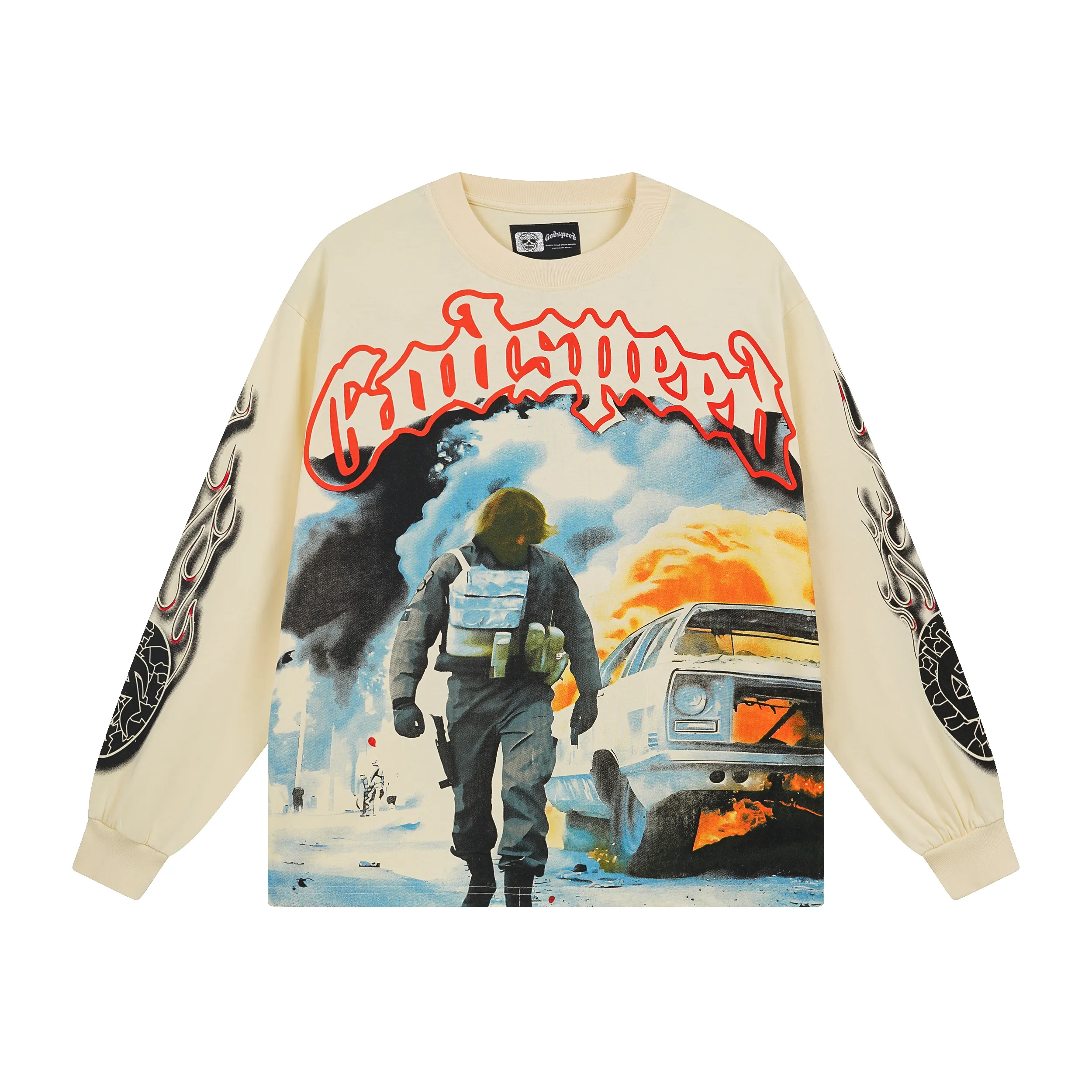 3098# P140 Real shot of Godspeed American fashion rock street pure cotton loose bottoming long-sleeved T-shirt long T. Fabric: 270g 32 count fine cotton double yarn pure cotton Color: apricot Size: S M L XL