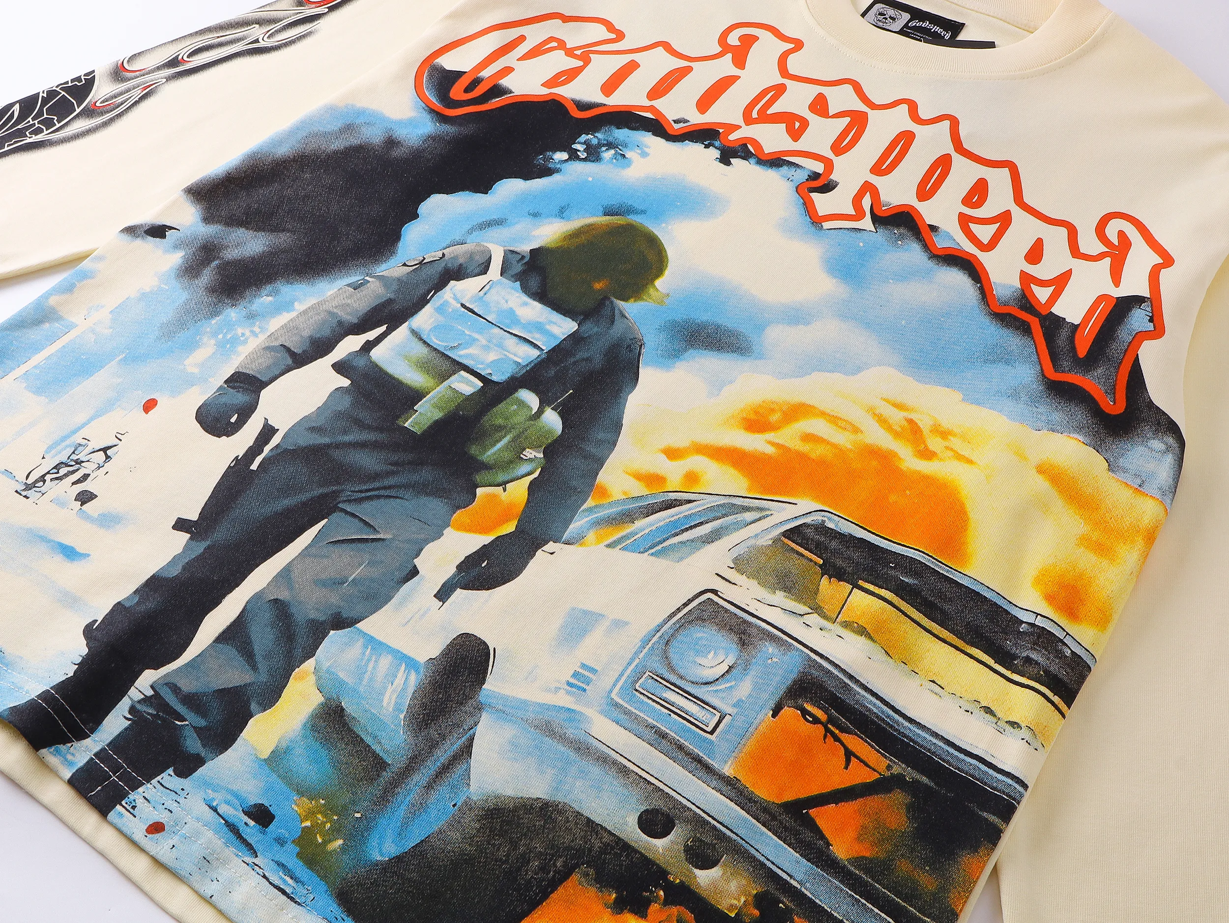 3098# P140 Real shot of Godspeed American fashion rock street pure cotton loose bottoming long-sleeved T-shirt long T. Fabric: 270g 32 count fine cotton double yarn pure cotton Color: apricot Size: S M L XL
