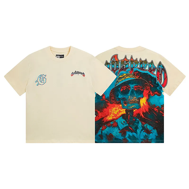 3138# P106 Real shot Godspeed American fashion rock street retro loose printed cotton short sleeves Fabric: 240g 32 count fine cotton double yarn pure cotton Color: apricot Size: S M L XL