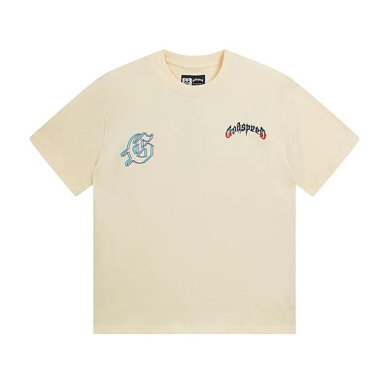 3138# P106 Real shot Godspeed American fashion rock street retro loose printed cotton short sleeves Fabric: 240g 32 count fine cotton double yarn pure cotton Color: apricot Size: S M L XL