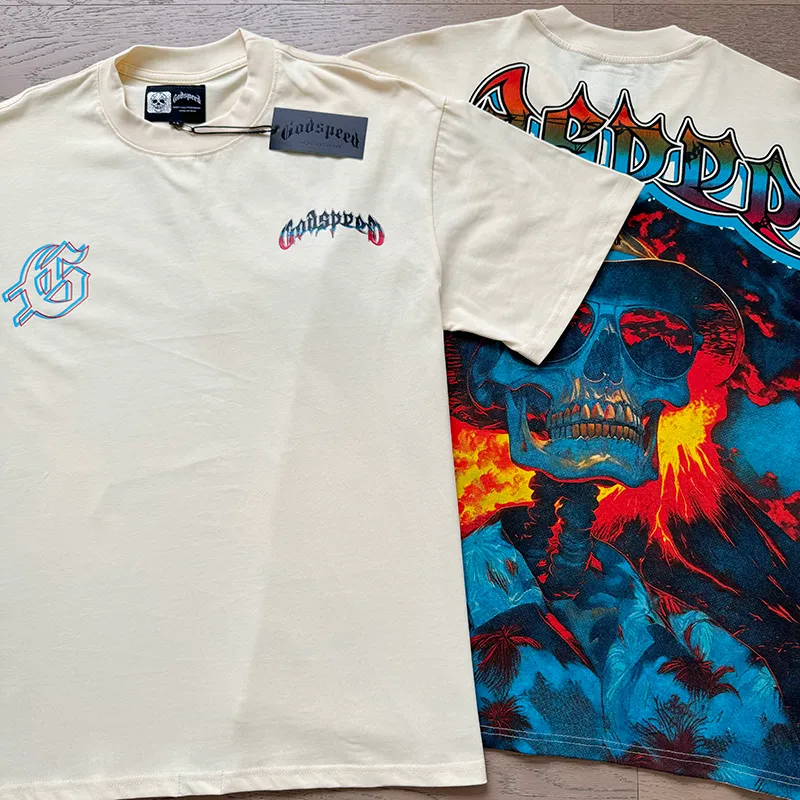 3138# P106 Real shot Godspeed American fashion rock street retro loose printed cotton short sleeves Fabric: 240g 32 count fine cotton double yarn pure cotton Color: apricot Size: S M L XL