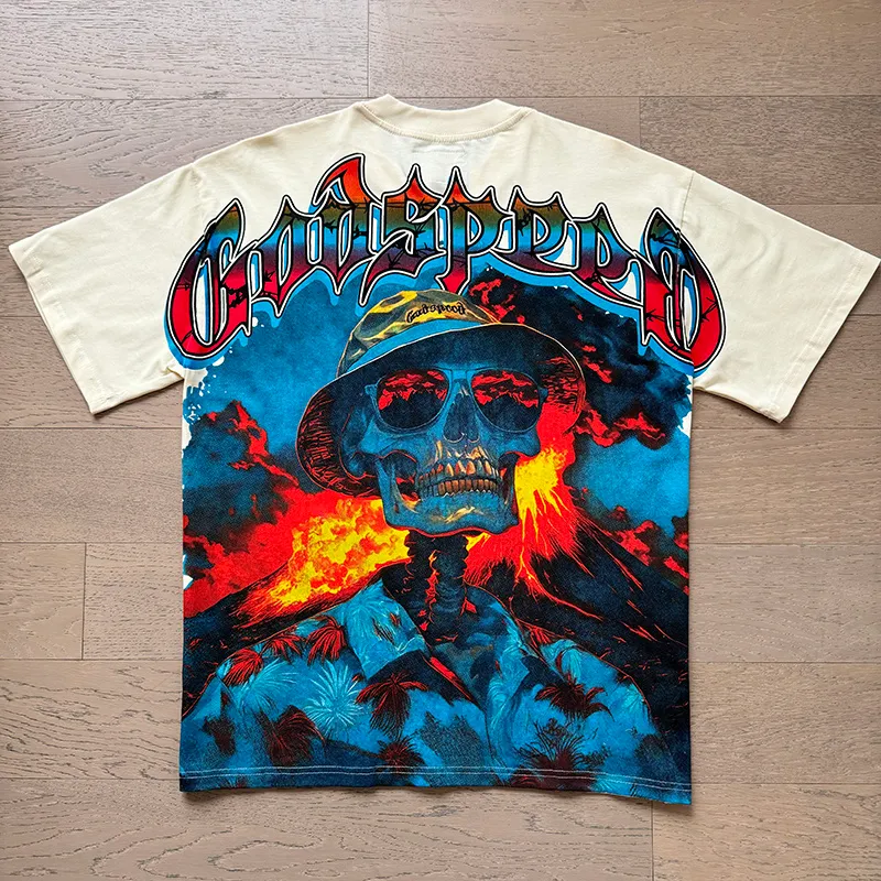 3138# P106 Real shot Godspeed American fashion rock street retro loose printed cotton short sleeves Fabric: 240g 32 count fine cotton double yarn pure cotton Color: apricot Size: S M L XL
