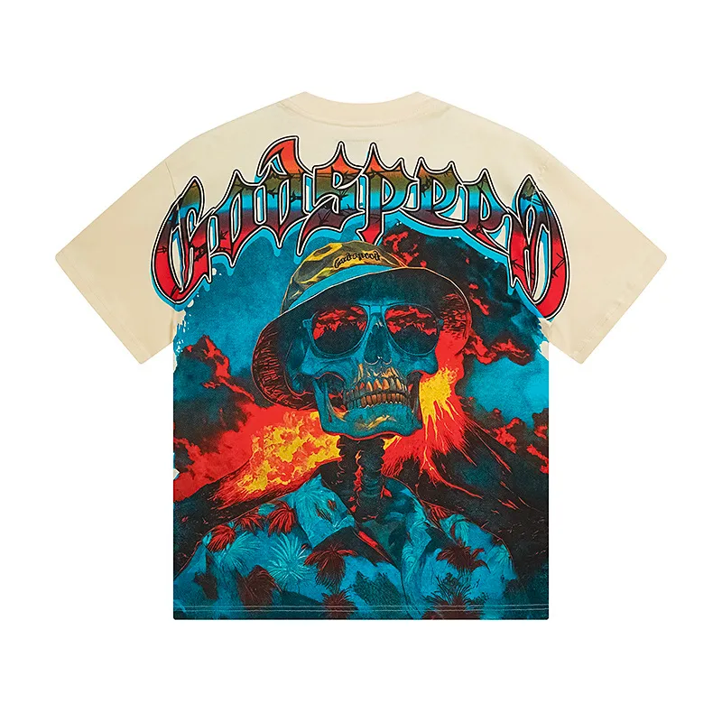 3138# P106 Real shot Godspeed American fashion rock street retro loose printed cotton short sleeves Fabric: 240g 32 count fine cotton double yarn pure cotton Color: apricot Size: S M L XL