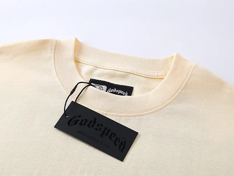 3138# P106 Real shot Godspeed American fashion rock street retro loose printed cotton short sleeves Fabric: 240g 32 count fine cotton double yarn pure cotton Color: apricot Size: S M L XL